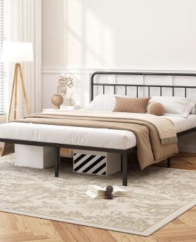 12 inches Queen Size Bed Frame with Minimalist headboard,Metal Platform Base with Strong Metal Slats,Mattress Foundation for Under Bed Storage,Easy Assembly,Black