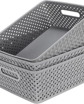 MaxGear Organization and Storage 3 Packs, Plastic Bins Organizer Bins, Woven Baskets for Storage, Plastic Baskets with Handles, Grey Basket for Organizing, Basket Organizer for Home and Office, Large